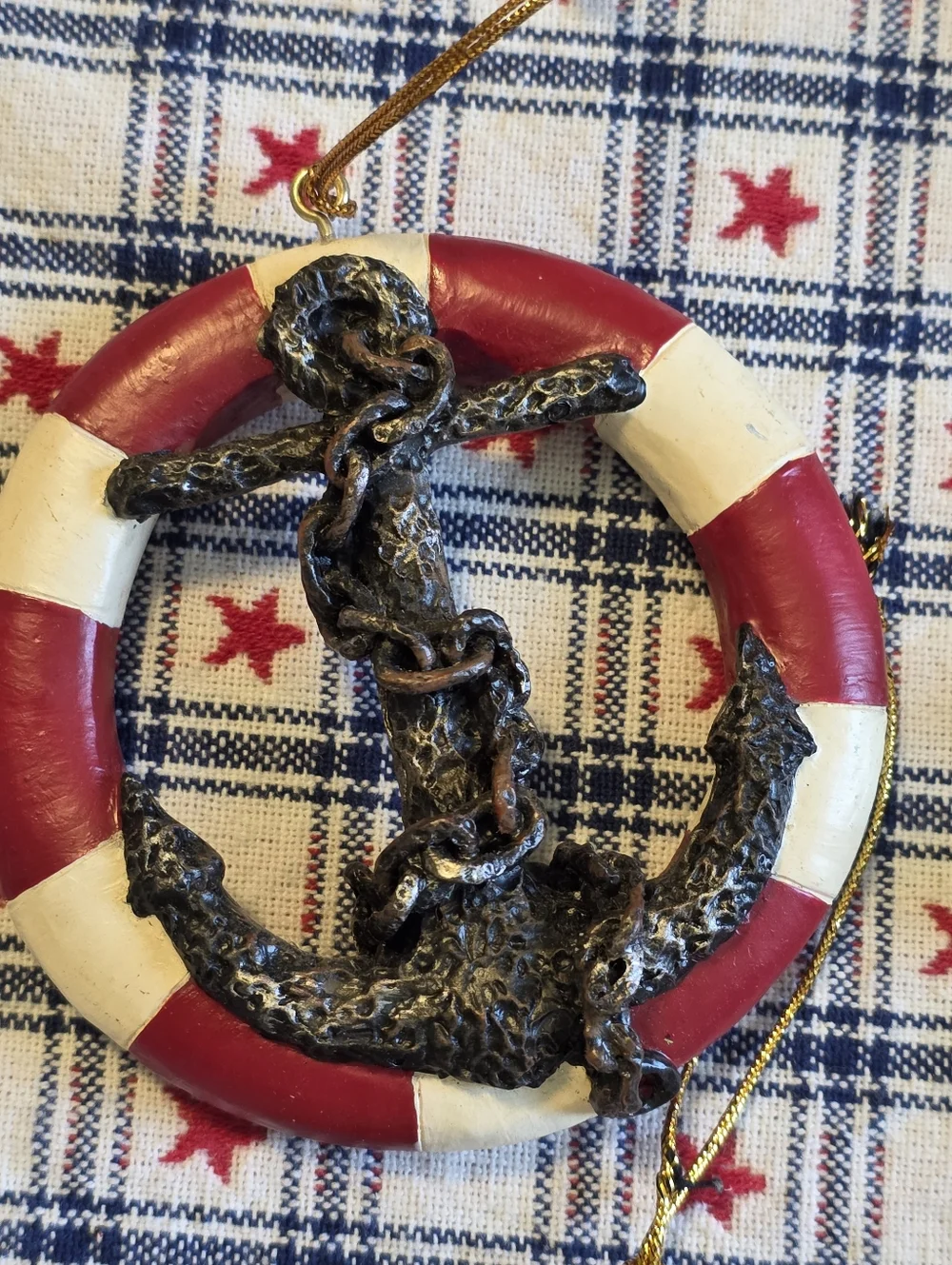 Nautical Anchors & Ship Wheel Ornaments - Red, White, Gold Accents